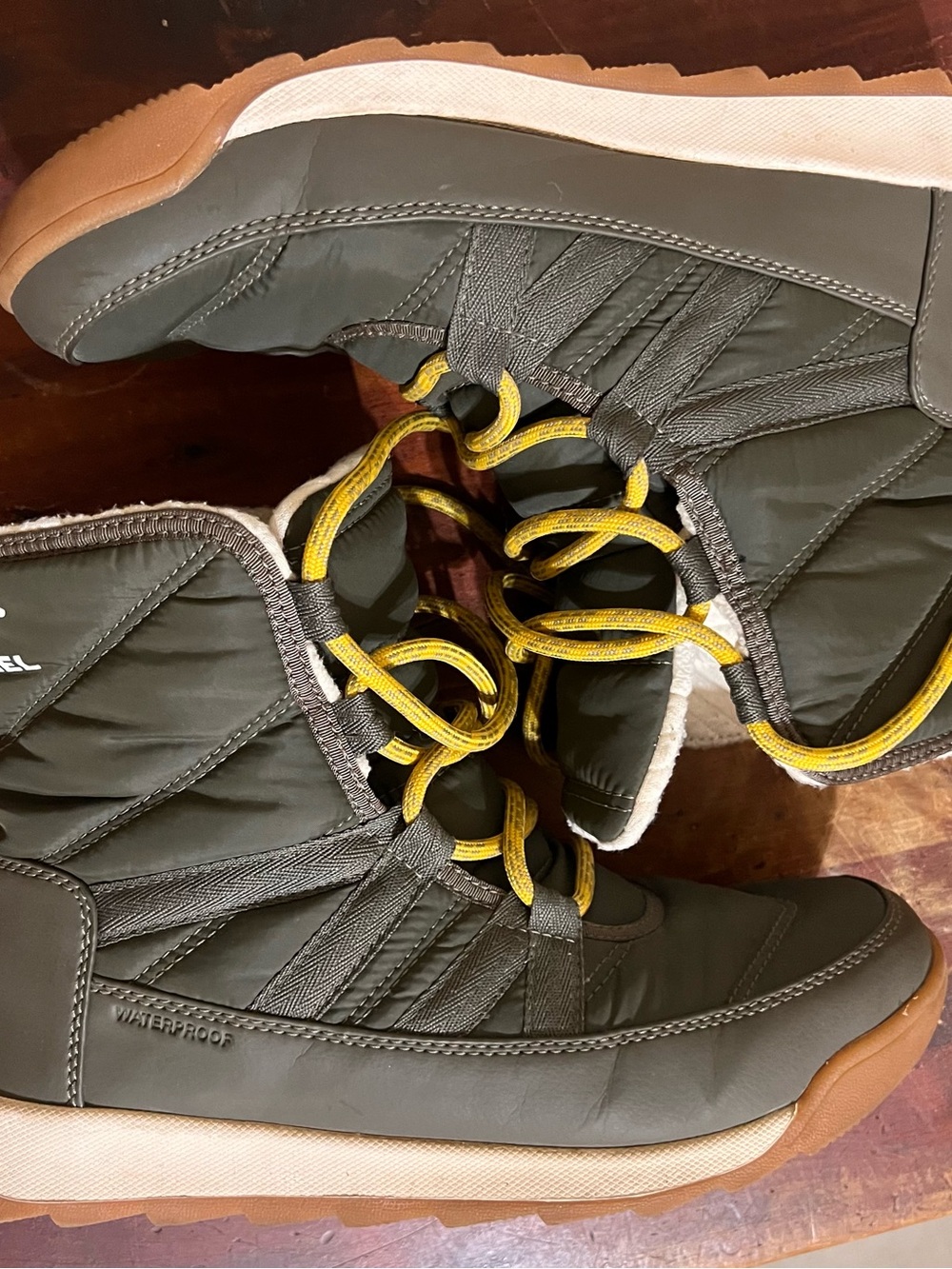Sorel Olive Green Winter Boots with Yellow Laces